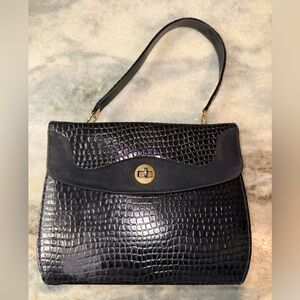 VIntage Classic Black Croc-Embossed Shoulder Bag